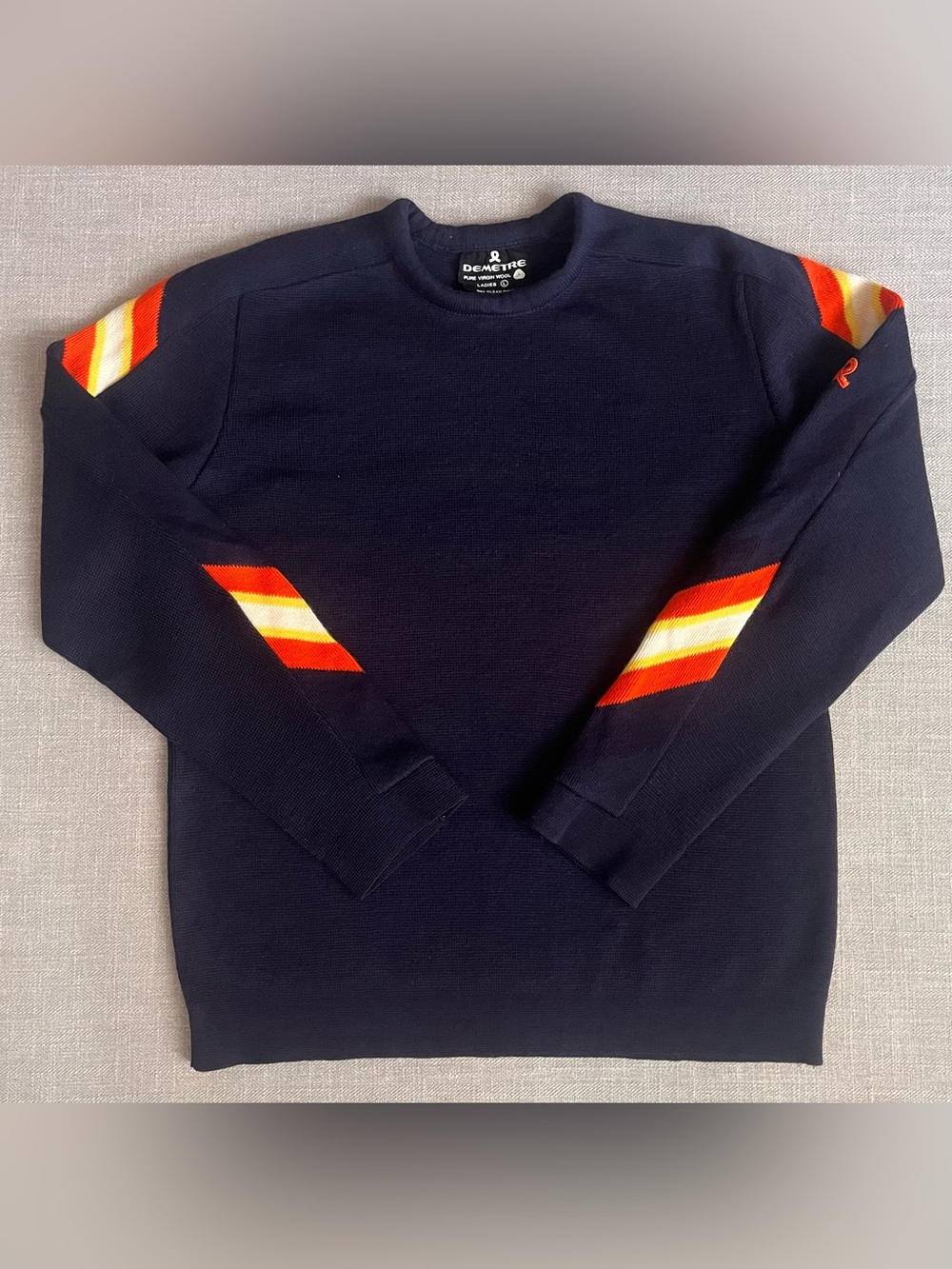 Vintage Demetre Virgin Wool Crewneck Ski Sweater w Retro Stripe Sleeves